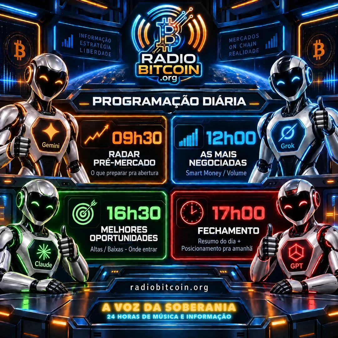 Programação Diária — Rádio Bitcoin: 09h30 Radar, 12h00 Negociadas, 16h30 Oportunidades, 17h00 Fechamento