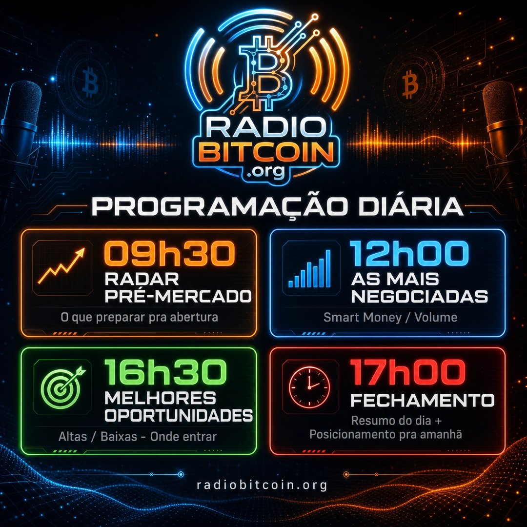 Programação Diária — Rádio Bitcoin: 09h30 Radar, 12h00 Negociadas, 16h30 Oportunidades, 17h00 Fechamento