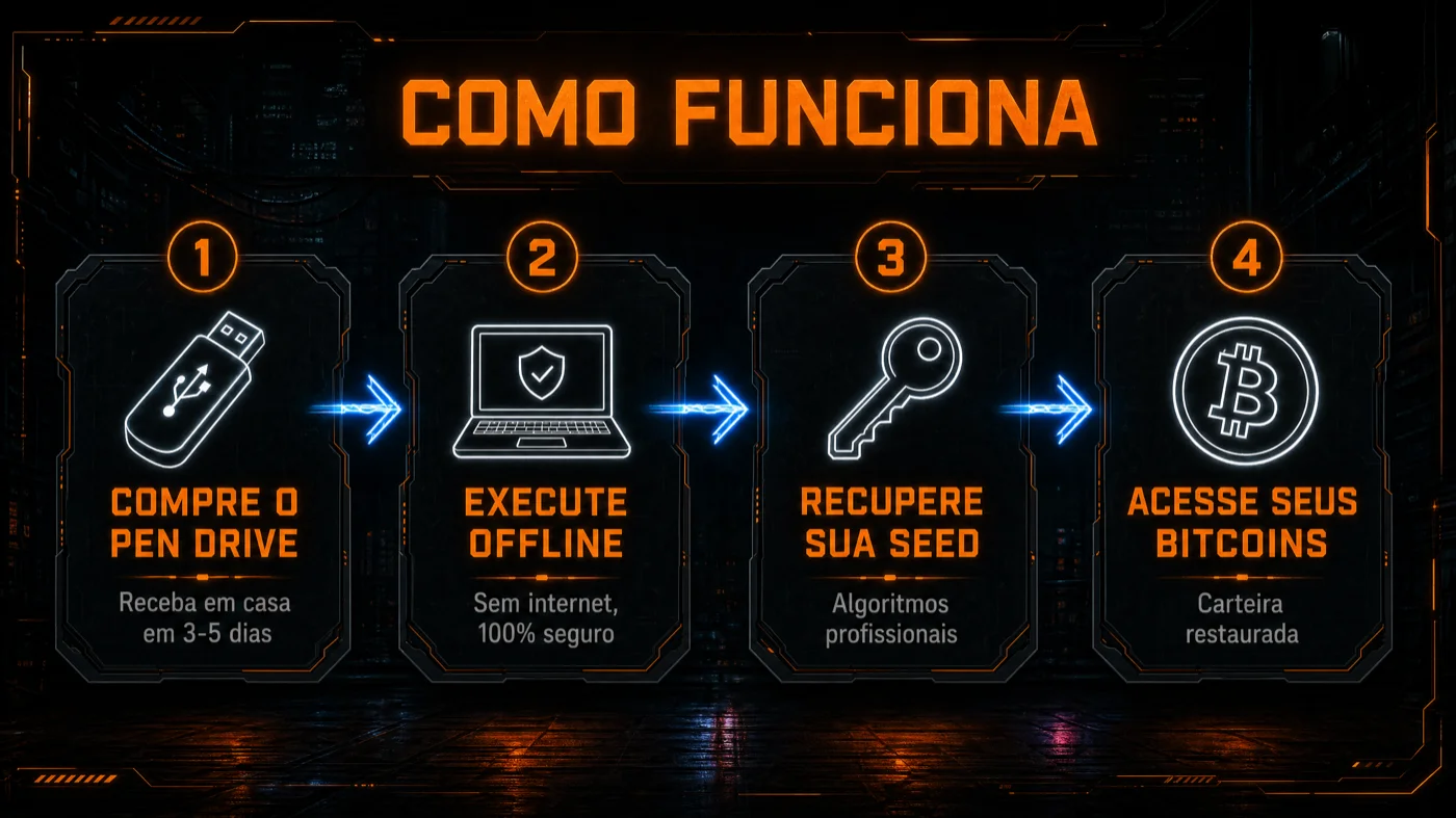 Como funciona o BIT ADICT Recovery Kit: Compre o pen drive → Execute offline → Recupere sua seed → Acesse seus Bitcoins